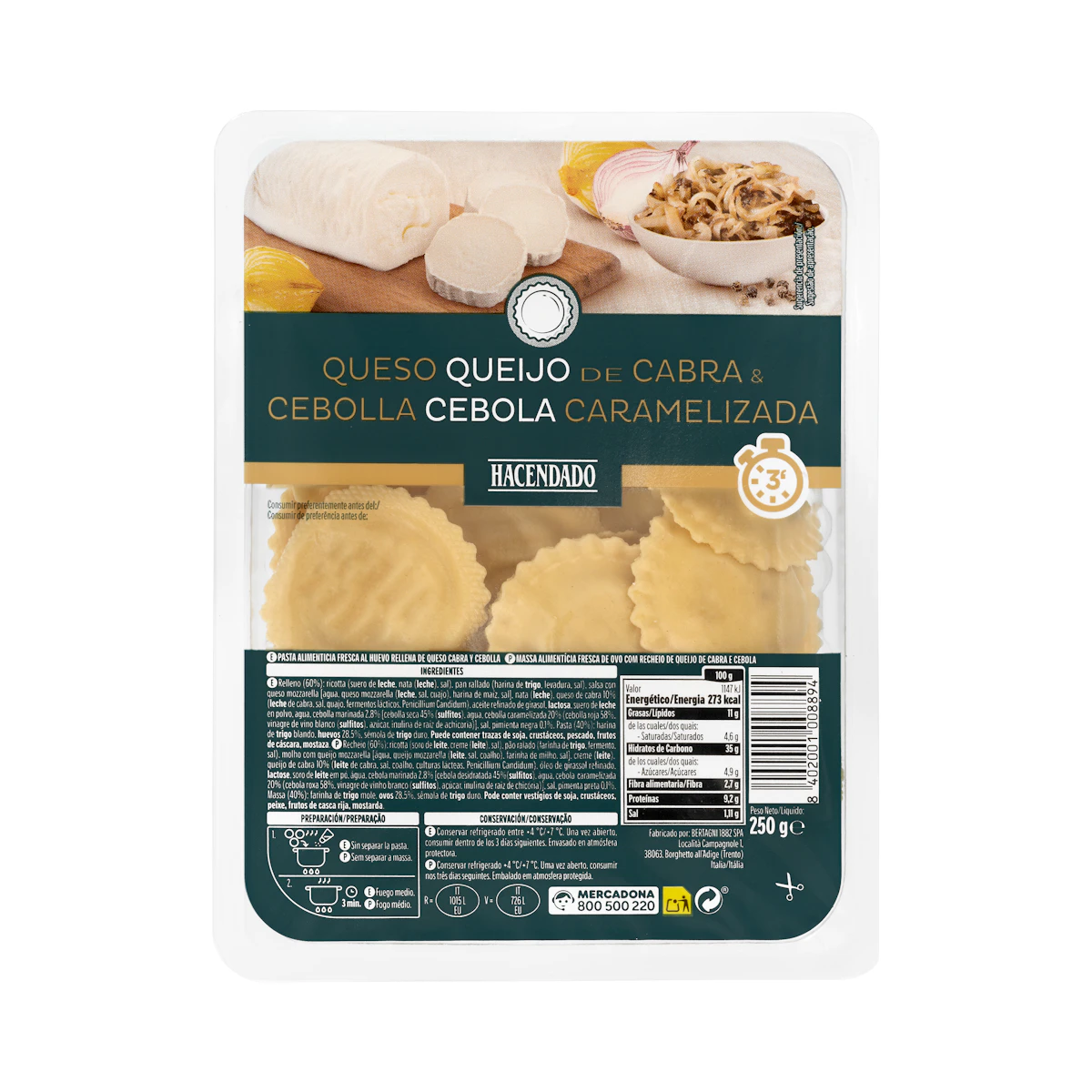 Pasta fresca girasoles rellena de queso de cabra y cebolla caramelizada Hacendado