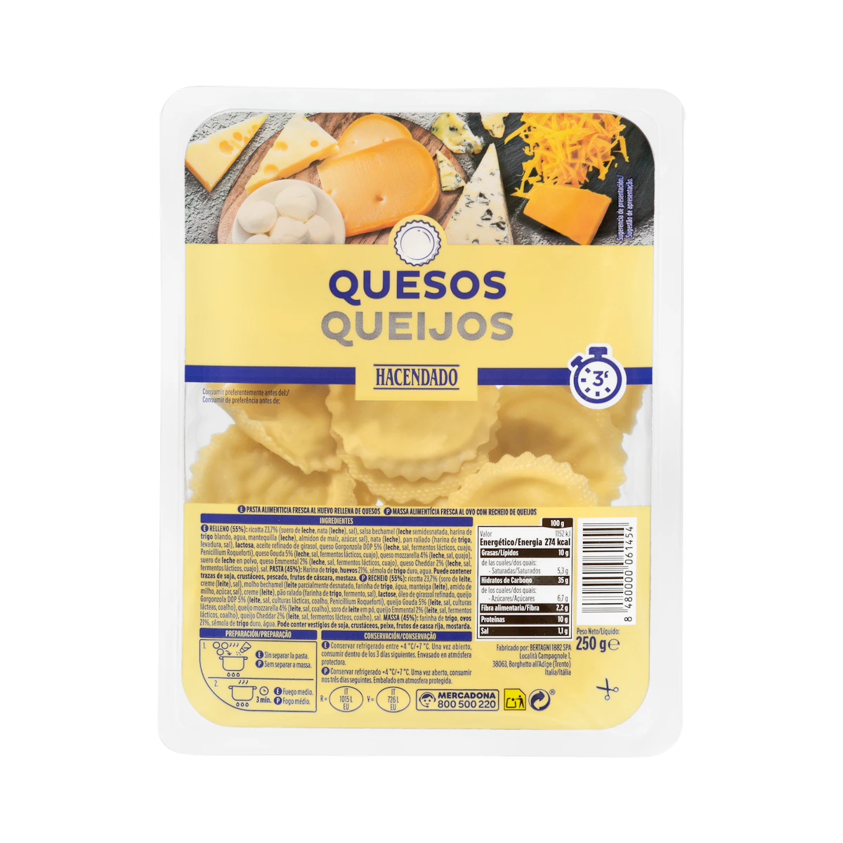 Pasta fresca girasoles rellena de quesos Hacendado