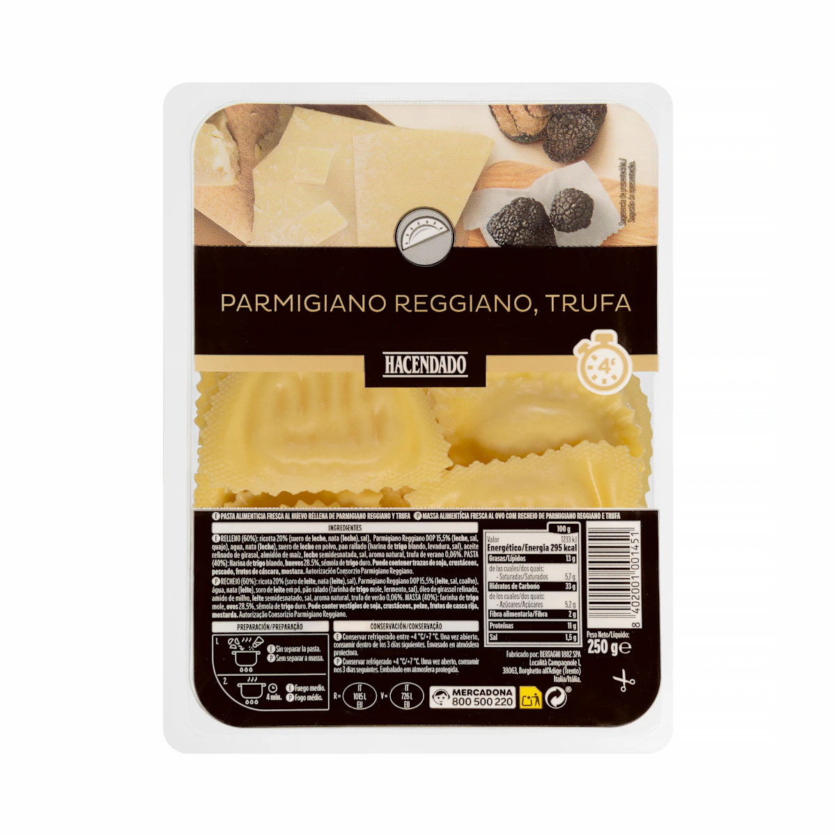 Pasta fresca medialunas rellenas de parmigiano reggiano y trufa Hacendado