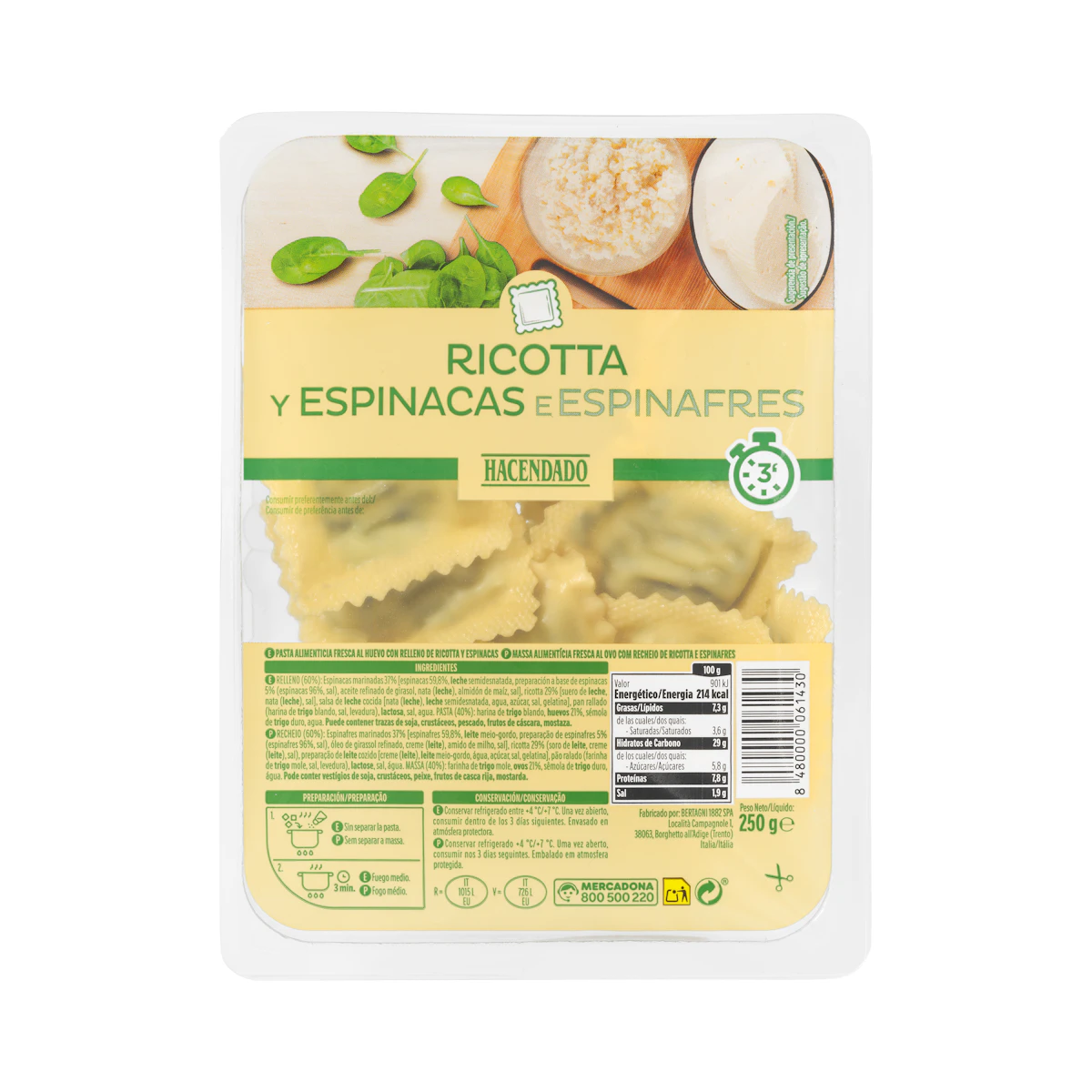 Pasta fresca ravioli rellena de ricotta y espinacas Hacendado