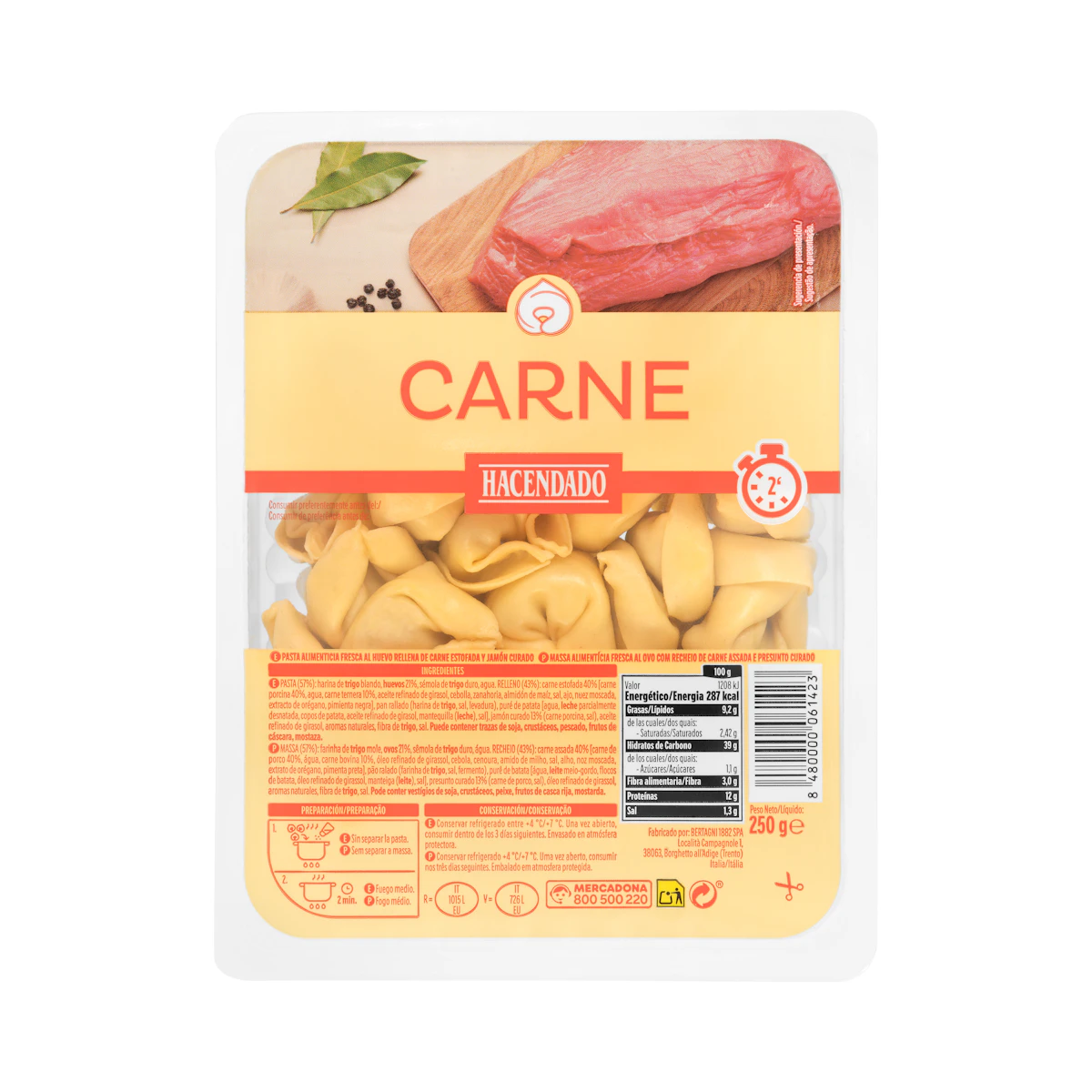 Pasta fresca tortellini rellena de carne Hacendado