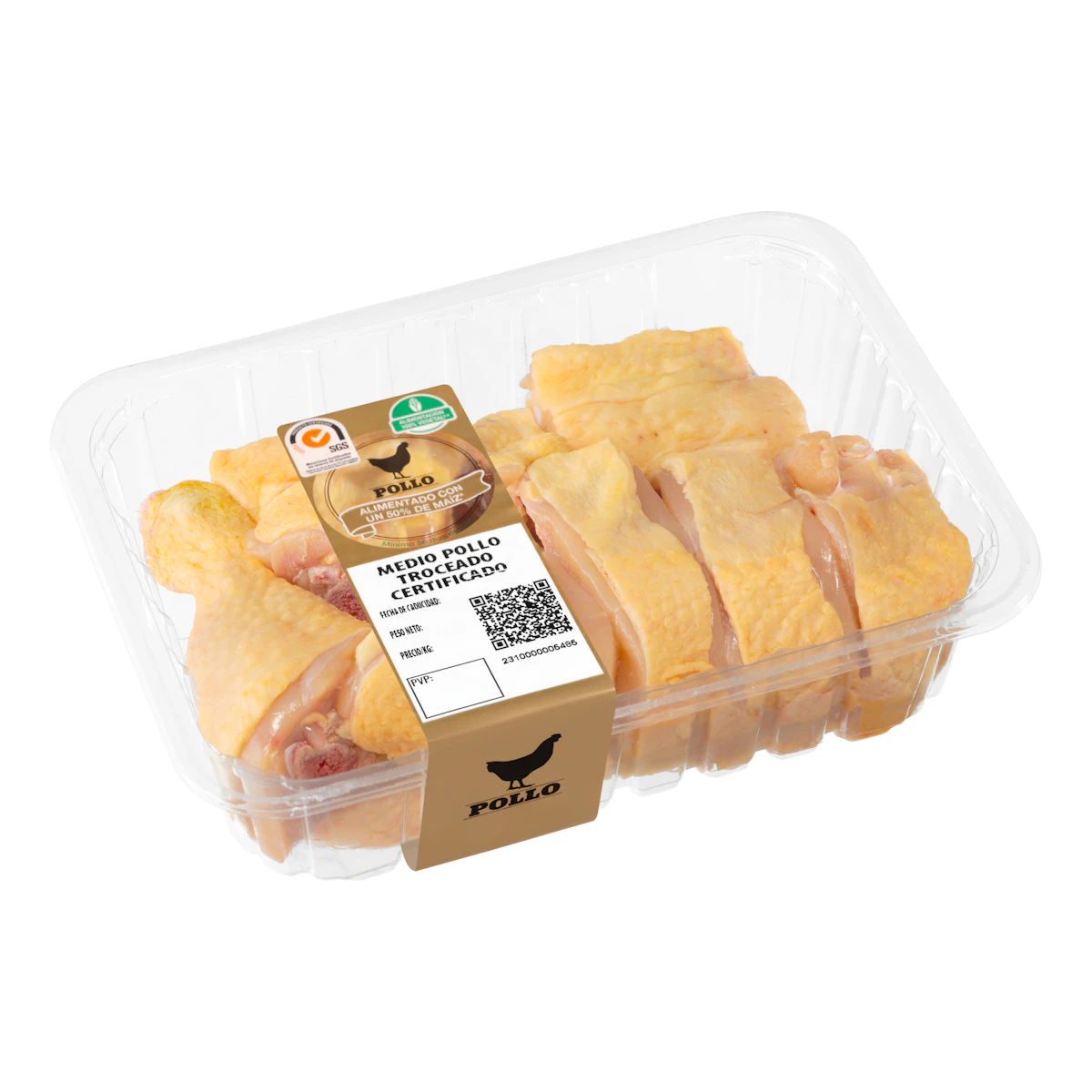 Medio pollo certificado troceado alimentado con un 50% de maíz