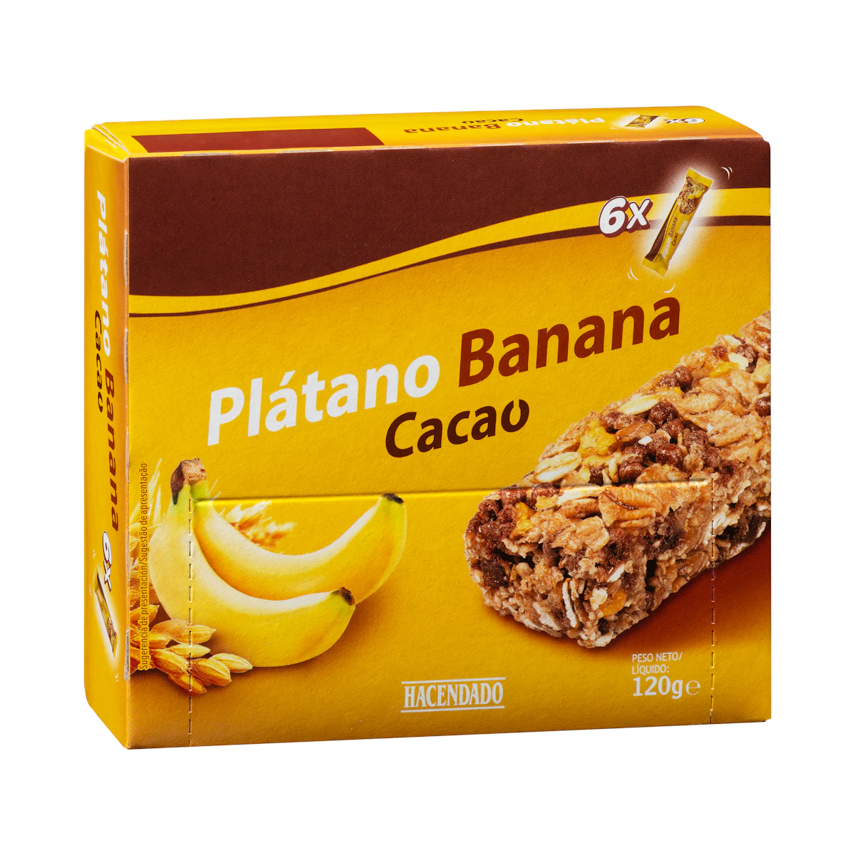 Barritas de cereales plátano y cacao Hacendado 0% azúcares añadidos