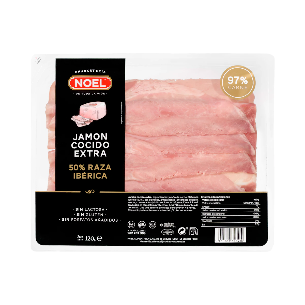 Jamón cocido extra 50% raza ibérica Noel lonchas