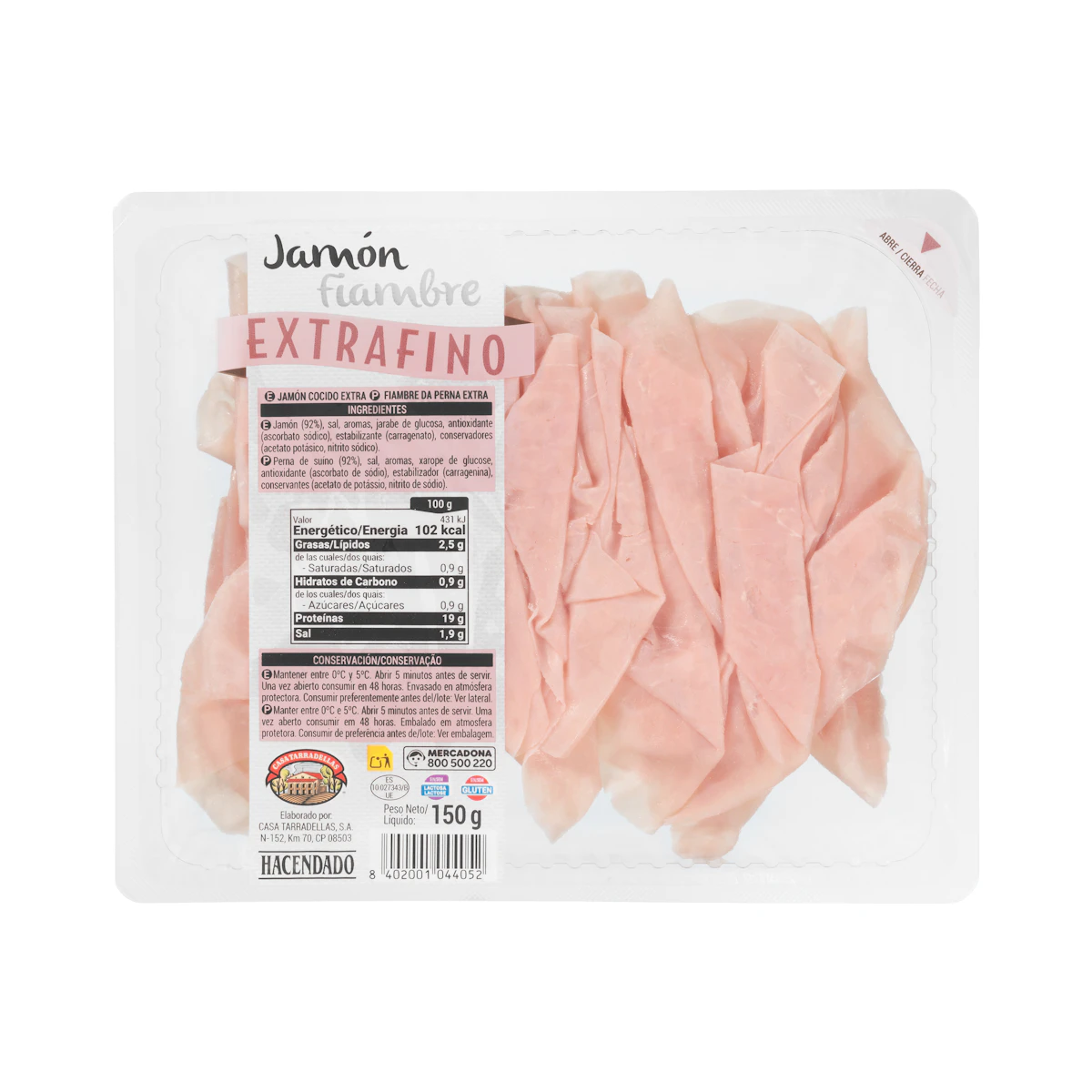 Jamón cocido extrafino Hacendado lonchas