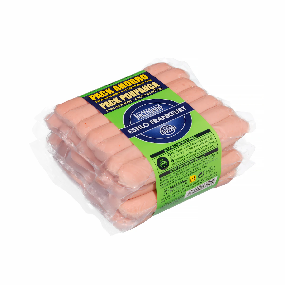Salchichas cocidas estilo Frankfurt Hacendado de pollo y cerdo sabor ahumado