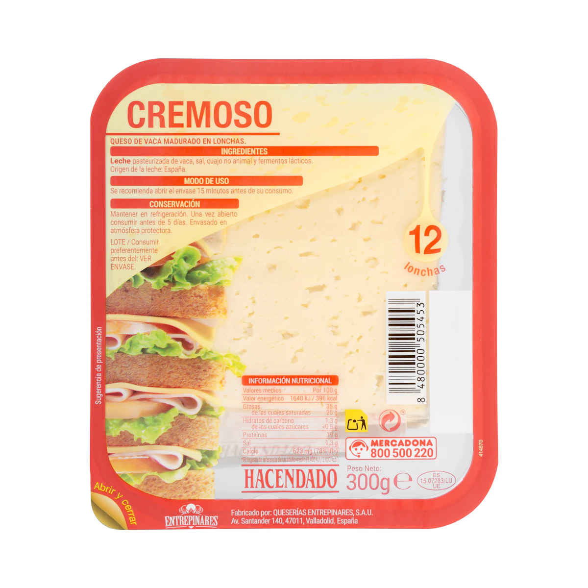 Queso lonchas cremoso de vaca Hacendado