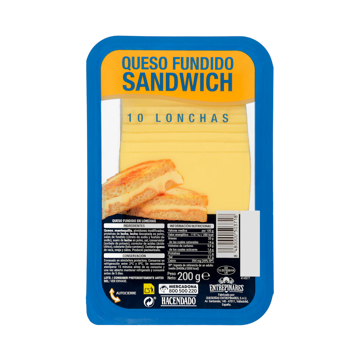 Queso lonchas fundido sándwich mezcla Hacendado