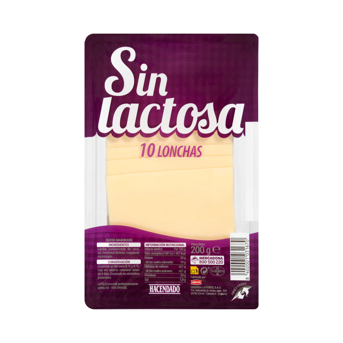 Queso lonchas sin lactosa de vaca Hacendado