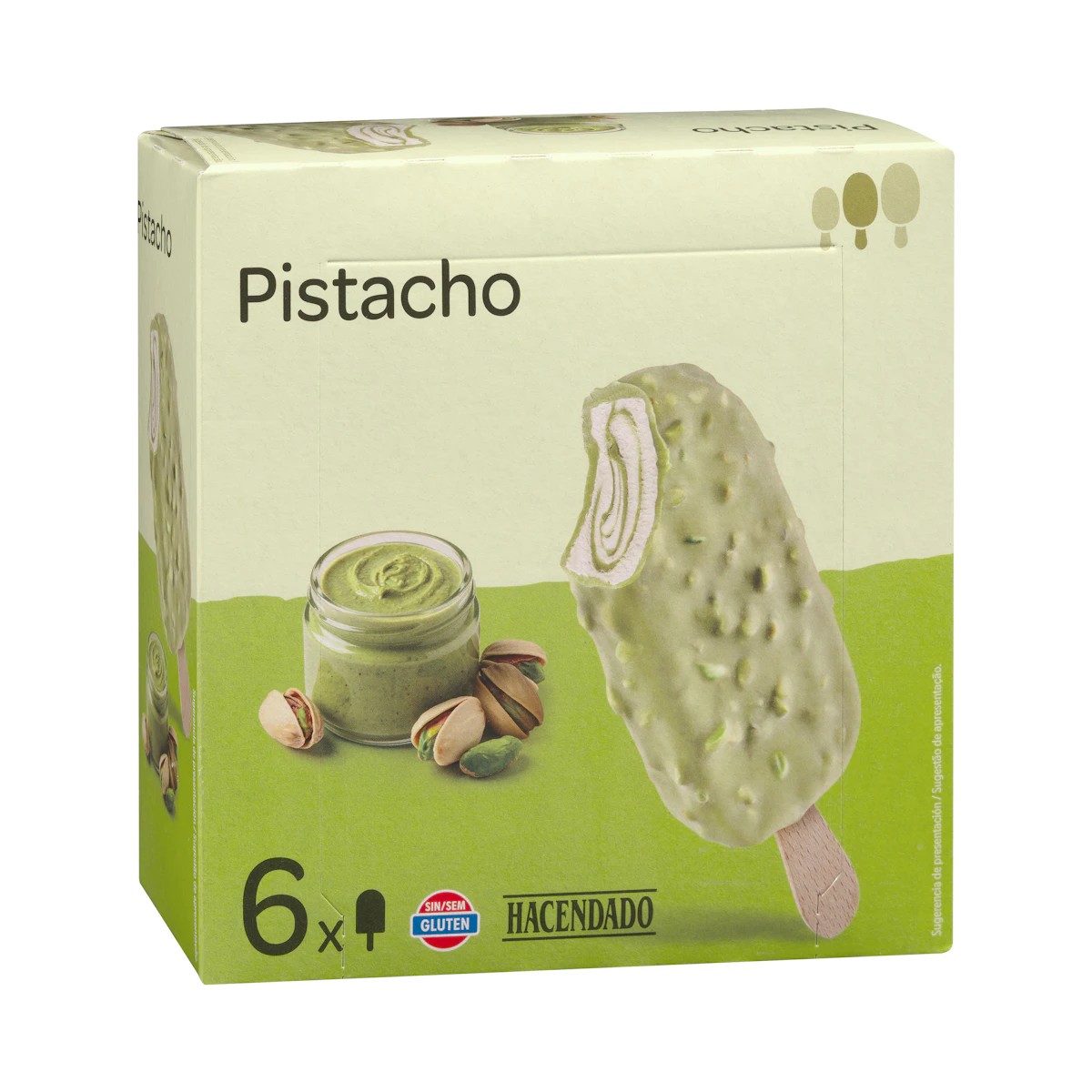 Helado bombón pistacho Hacendado sabor almendra con salsa de pistacho