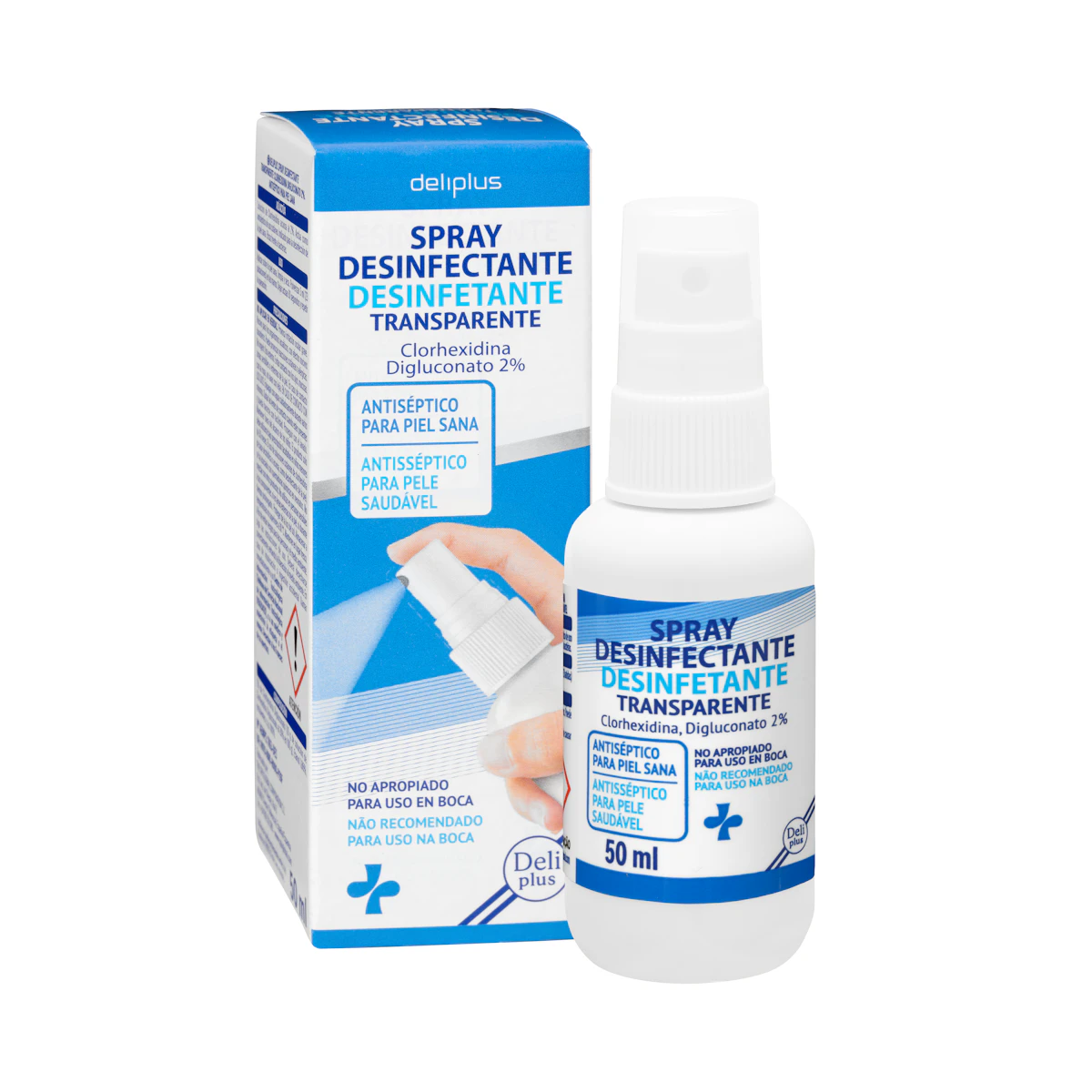 Spray desinfectante antiséptico transparente Deliplus contiene clorhexidina y digluconato 2%
