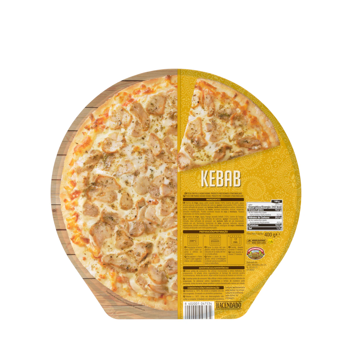 Pizza Kebab con pollo asado Hacendado ultracongelada
