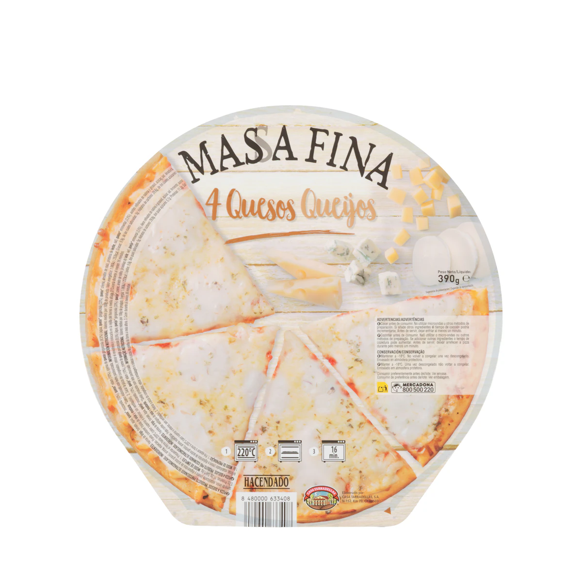 Pizza masa fina 4 quesos Hacendado ultracongelada